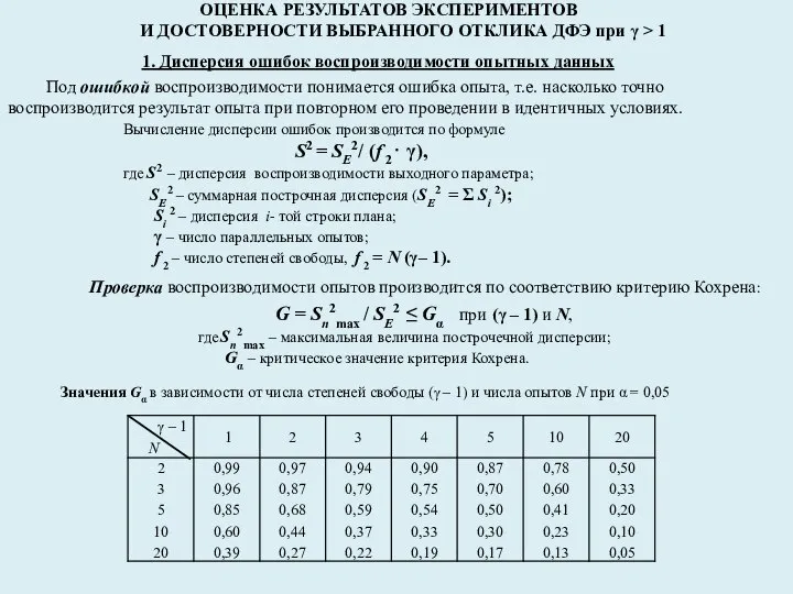 ОЦЕНКА РЕЗУЛЬТАТОВ ЭКСПЕРИМЕНТОВ И ДОСТОВЕРНОСТИ ВЫБРАННОГО ОТКЛИКА ДФЭ при γ >