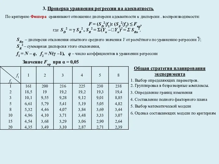 3. Проверка уравнения регрессии на адекватность По критерию Фишера сравнивают отношение