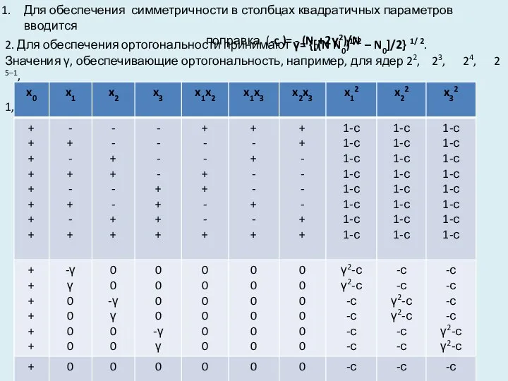 Для обеспечения симметричности в столбцах квадратичных параметров вводится поправка (-c )=