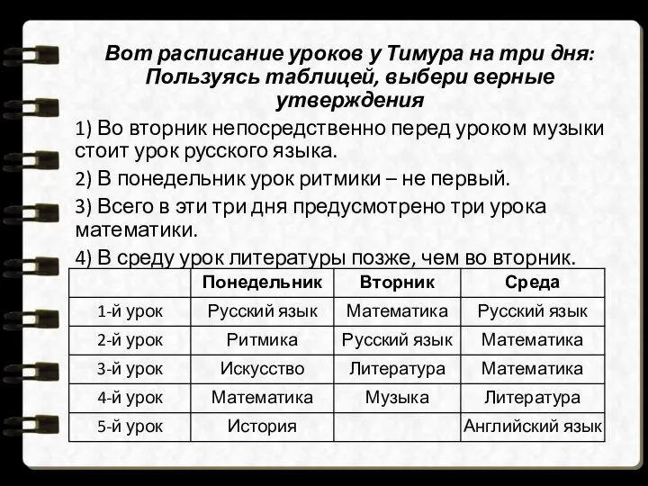 Вот расписание уроков у Тимура на три дня: Пользуясь таблицей, выбери