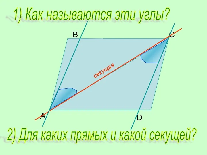 B C D A 1) Как называются эти углы? 2) Для каких прямых и какой секущей?