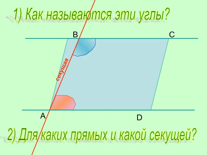 B C D A 1) Как называются эти углы? 2) Для