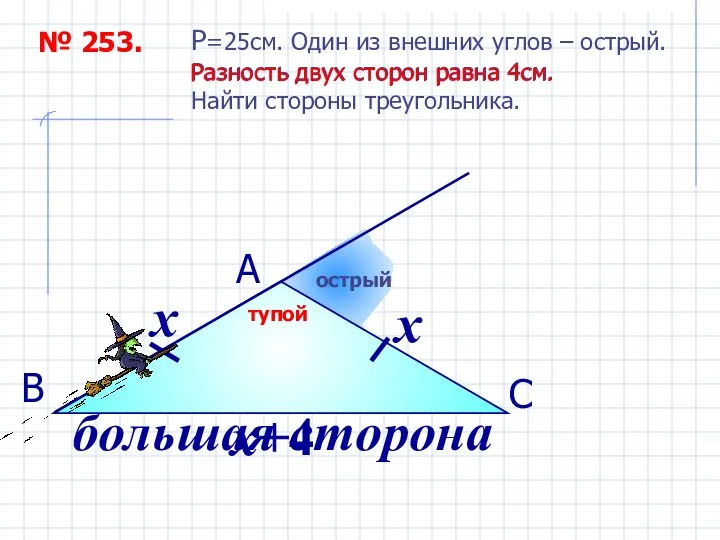 № 253. P=25см. Один из внешних углов – острый. Разность двух