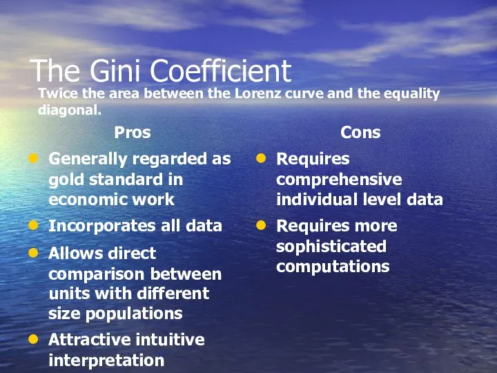 The Gini Coefficient Pros Generally regarded as gold standard in economic