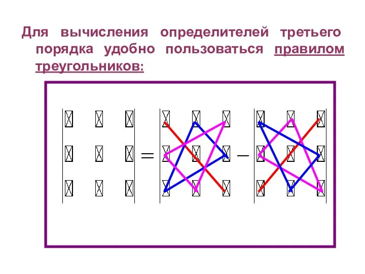 Для вычисления определителей третьего порядка удобно пользоваться правилом треугольников: