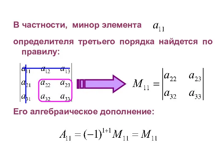 В частности, минор элемента определителя третьего порядка найдется по правилу: Его алгебраическое дополнение:
