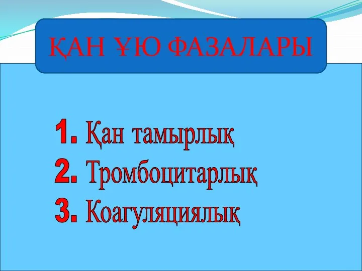 1. Қан тамырлық 2. Тромбоцитарлық 3. Коагуляциялық ҚАН ҰЮ ФАЗАЛАРЫ