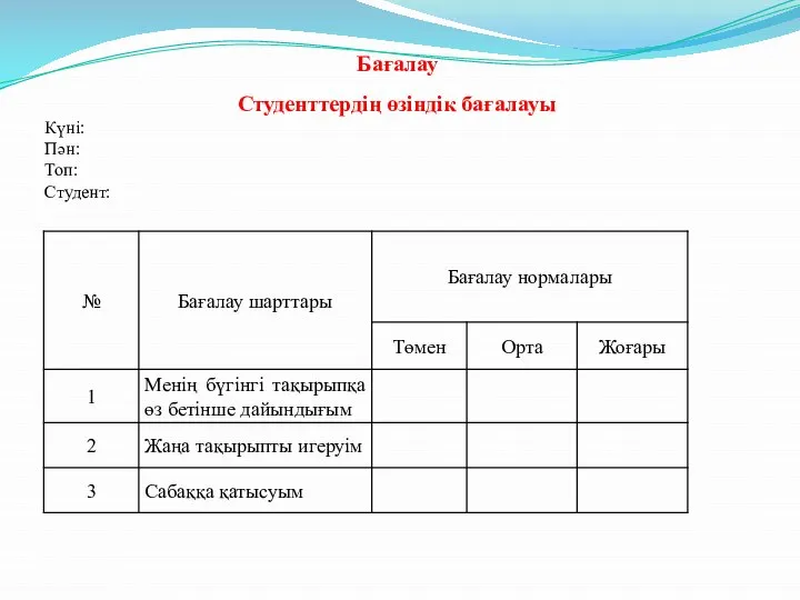 Бағалау Студенттердің өзіндік бағалауы Күні: Пән: Топ: Студент: