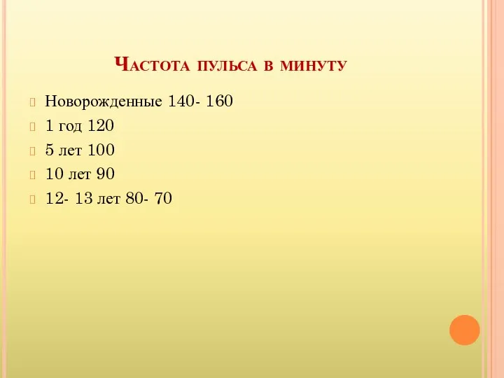 Частота пульса в минуту Новорожденные 140- 160 1 год 120 5