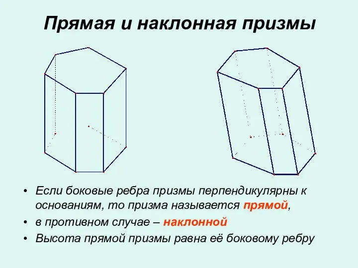 Если боковые ребра призмы перпендикулярны к основаниям, то призма называется прямой,