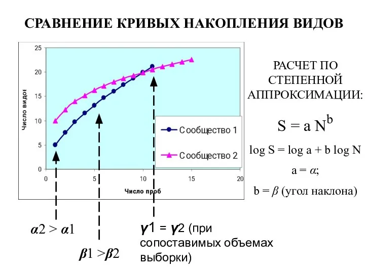 СРАВНЕНИЕ КРИВЫХ НАКОПЛЕНИЯ ВИДОВ РАСЧЕТ ПО СТЕПЕННОЙ АППРОКСИМАЦИИ: S = a