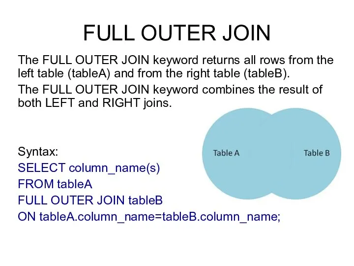 FULL OUTER JOIN The FULL OUTER JOIN keyword returns all rows