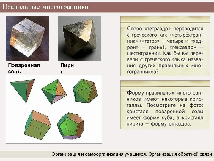 Правильные многогранники Организация и самоорганизация учащихся. Организация обратной связи Поваренная соль Пирит