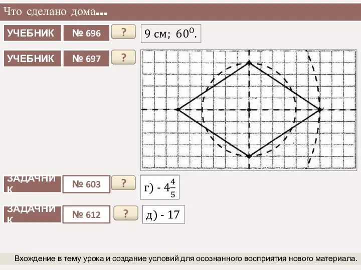 Что сделано дома… Вхождение в тему урока и создание условий для