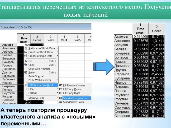 Стандартизация переменных из контекстного меню. Получение новых значений А теперь повторим