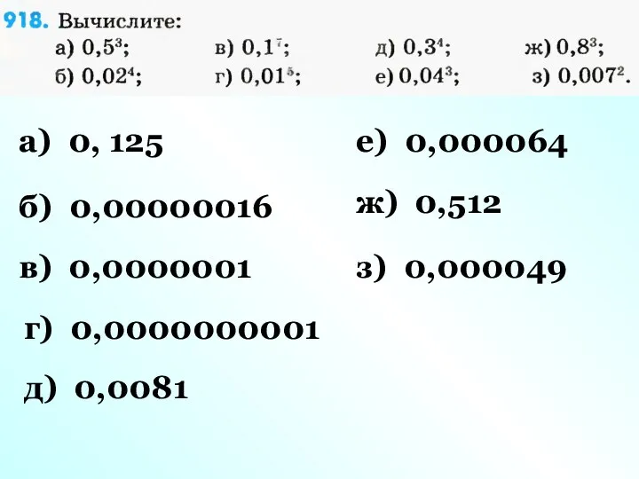 а) 0, 125 б) 0,00000016 в) 0,0000001 г) 0,0000000001 д) 0,0081