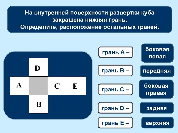 На внутренней поверхности развертки куба закрашена нижняя грань. Определите, расположение остальных