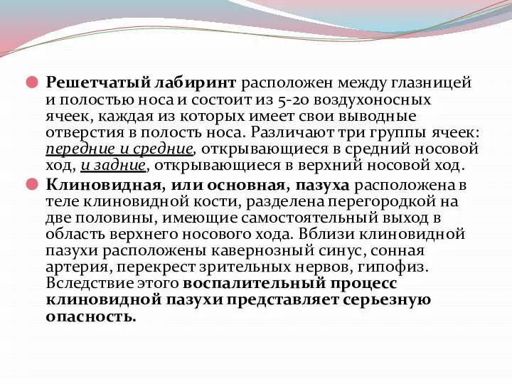 Решетчатый лабиринт расположен между глазницей и полостью носа и состоит из