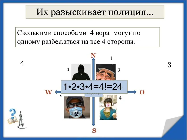 Сколькими способами 4 вора могут по одному разбежаться на все 4