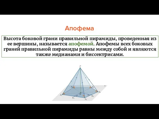 Апофема Высота боковой грани правильной пирамиды, проведенная из ее вершины, называется