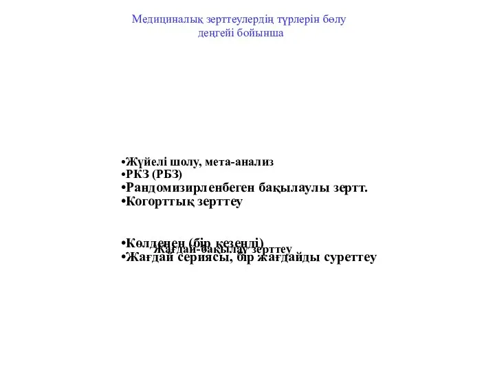 Медициналық зерттеулердің түрлерін бөлу деңгейі бойынша Жүйелі шолу, мета-анализ РКЗ (РБЗ)