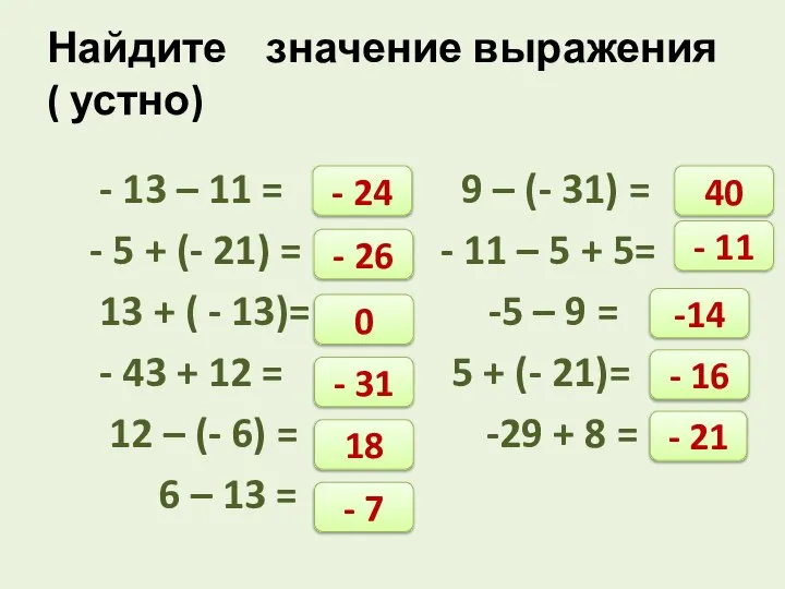 - 13 – 11 = 9 – (- 31) = -