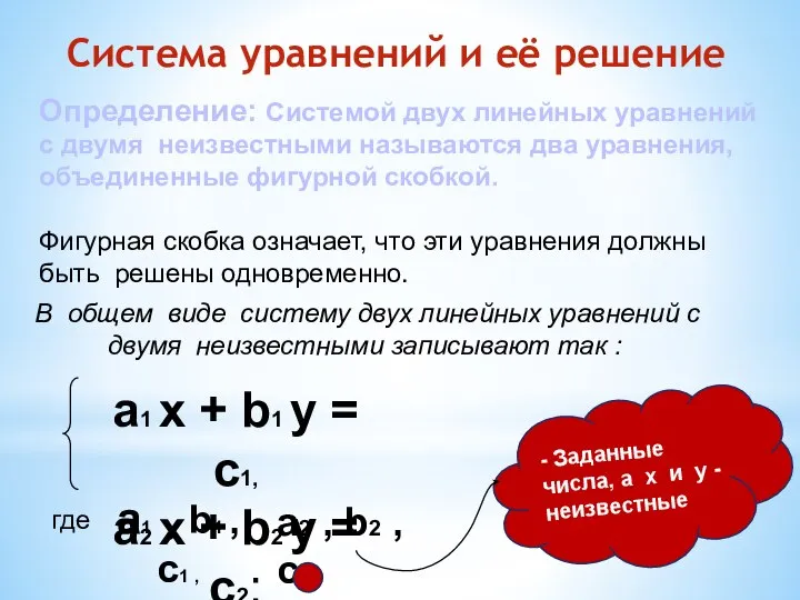 Система уравнений и её решение Определение: Системой двух линейных уравнений с