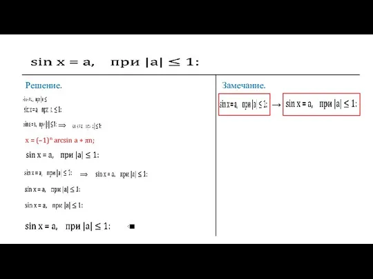 Решение. ⟹ х = (–1)n arcsin a + πn; ⟹ Замечание. →