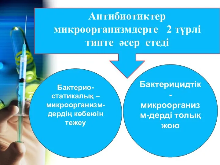 Бактерио-статикалық – микроорганизм- дердің көбеюін тежеу Бактерицидтік-микроорганизм-дерді толық жою Антибиотиктер микроорганизмдерге 2 түрлі типте әсер етеді