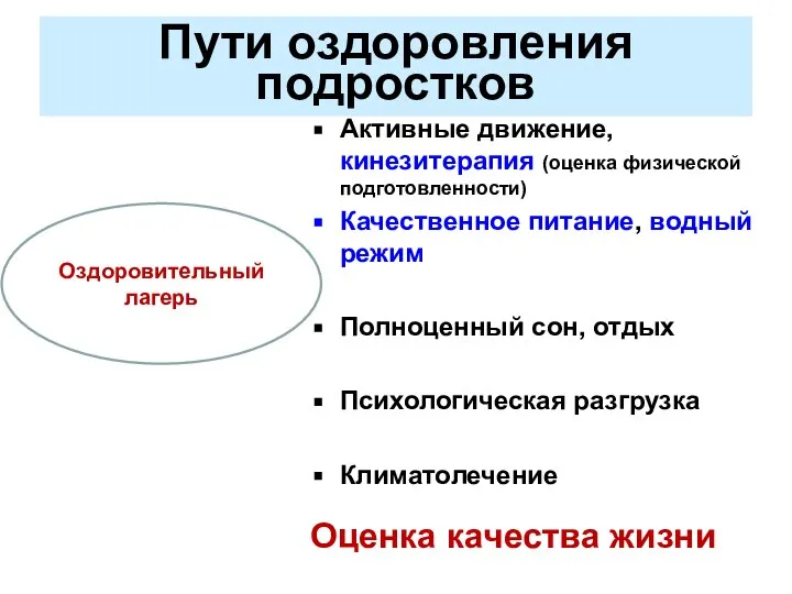 Пути оздоровления подростков Активные движение, кинезитерапия (оценка физической подготовленности) Качественное питание,