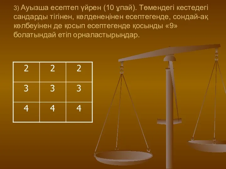 3) Ауызша есептеп үйрен (10 ұпай). Төмендегі кестедегі сандарды тігінен, көлденеңінен