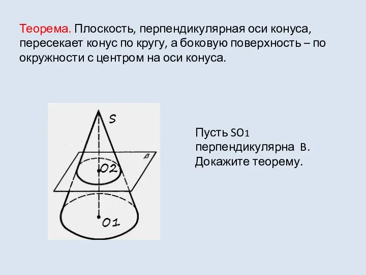 Теорема. Плоскость, перпендикулярная оси конуса, пересекает конус по кругу, а боковую