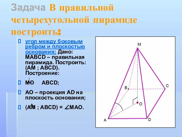 Задача В правильной четырехугольной пирамиде построить: угол между боковым ребром и