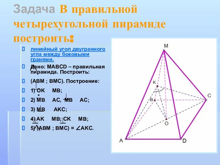 Задача В правильной четырехугольной пирамиде построить: линейный угол двугранного угла между