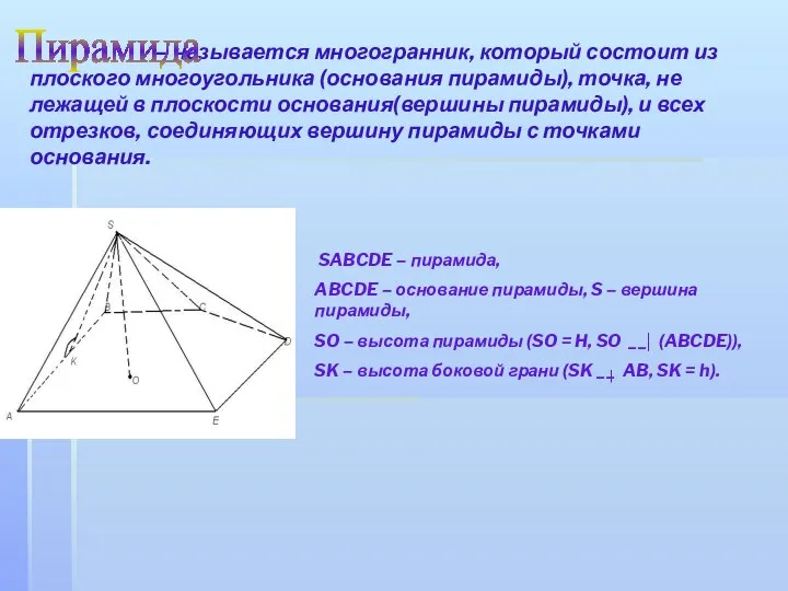 – называется многогранник, который состоит из плоского многоугольника (основания пирамиды), точка,