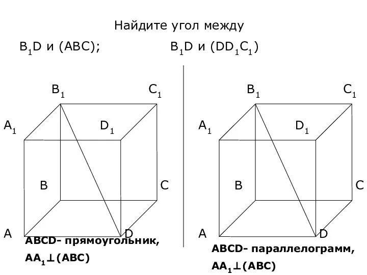 Найдите угол между В1D и (ABC); В1D и (DD1C1) АВСD- прямоугольник, АА1⊥(АВС) АВСD- параллелограмм, АА1⊥(АВС)