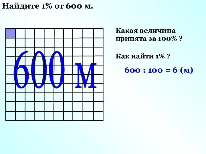 Какая величина принята за 100% ? 600 м Найдите 1% от