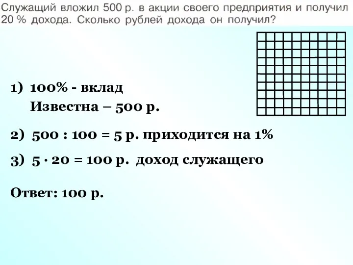 1) 100% - вклад Известна – 500 р. 2) 500 :