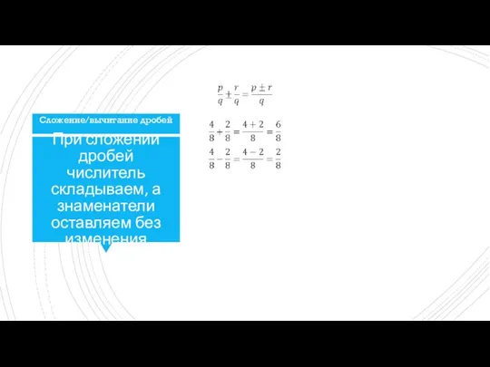 При сложении дробей числитель складываем, а знаменатели оставляем без изменения Сложение/вычитание дробей