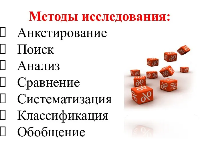 Методы исследования: Анкетирование Поиск Анализ Сравнение Систематизация Классификация Обобщение