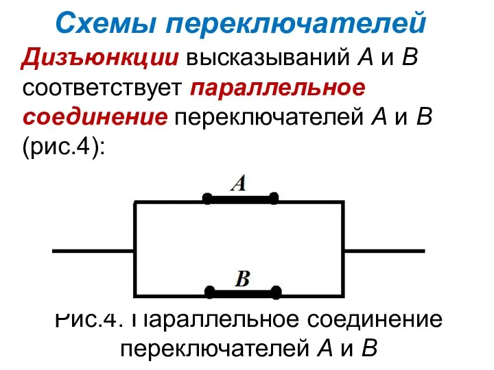 Схемы переключателей Дизъюнкции высказываний А и В соответствует параллельное соединение переключателей