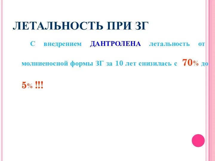 ЛЕТАЛЬНОСТЬ ПРИ ЗГ С внедрением ДАНТРОЛЕНА летальность от молниеносной формы ЗГ