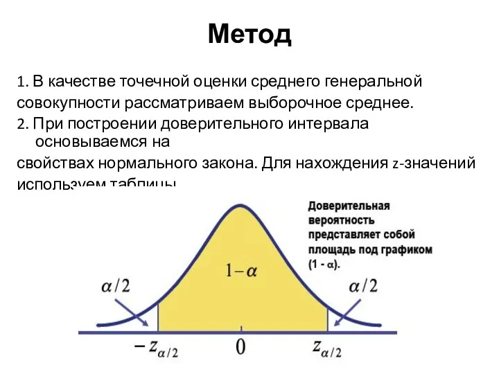 Метод 1. В качестве точечной оценки среднего генеральной совокупности рассматриваем выборочное