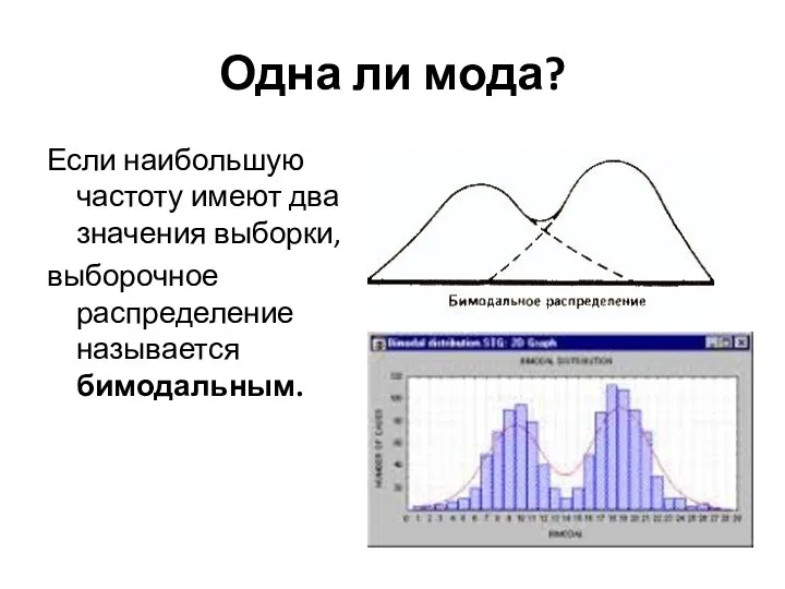 Одна ли мода? Если наибольшую частоту имеют два значения выборки, выборочное распределение называется бимодальным.