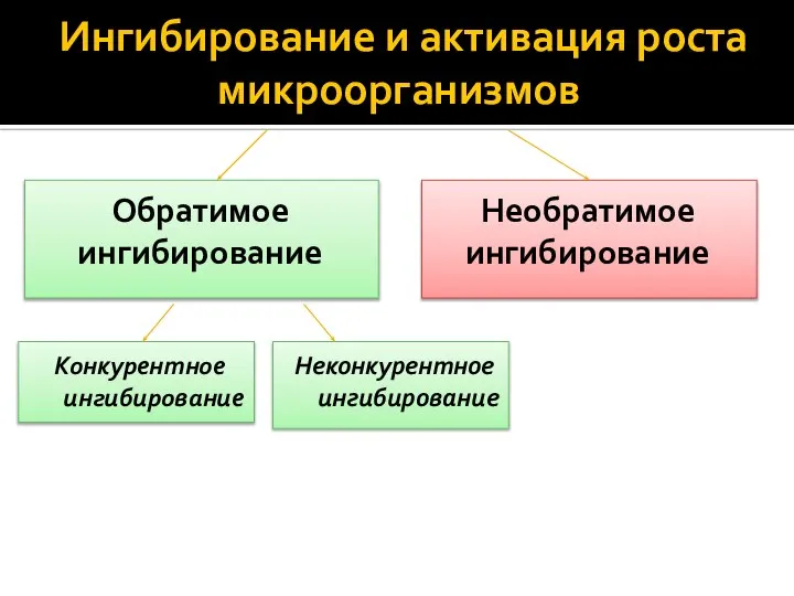 Ингибирование и активация роста микроорганизмов Конкурентное ингибирование Обратимое ингибирование Неконкурентное ингибирование Необратимое ингибирование