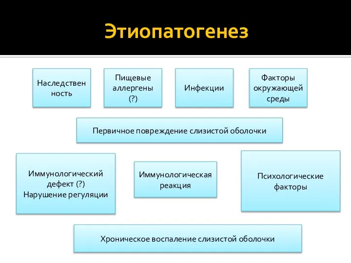 Наследственность Пищевые аллергены (?) Инфекции Факторы окружающей среды Первичное повреждение слизистой