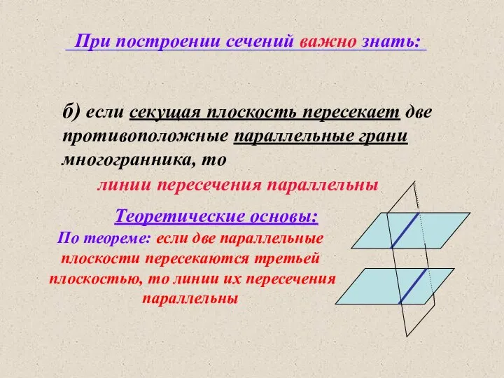 При построении сечений важно знать: б) если секущая плоскость пересекает две