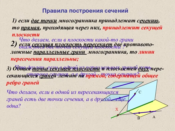 1) если две точки многогранника принадлежат сечению, то прямая, проходящая через