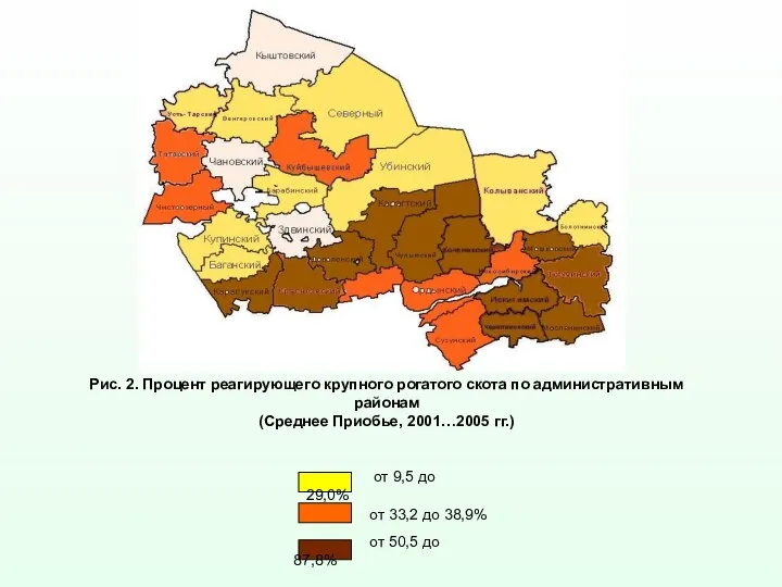 Рис. 2. Процент реагирующего крупного рогатого скота по административным районам (Среднее