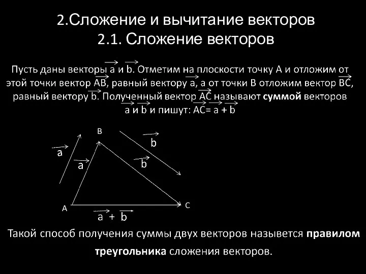 2.Сложение и вычитание векторов 2.1. Сложение векторов A B C